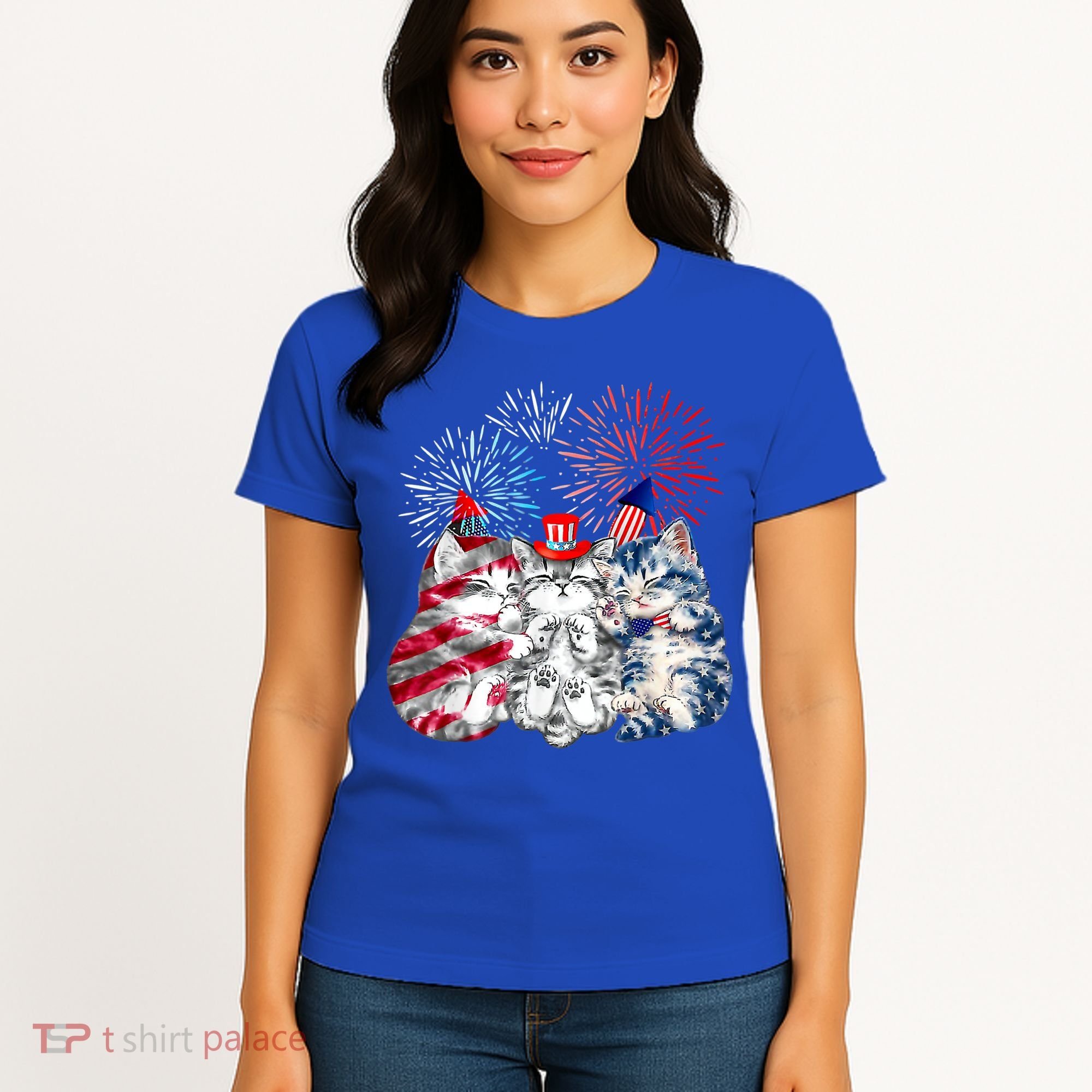 Funny Three Cat 4th Of July American Flag Patriotic Cat Women's T-Shirt