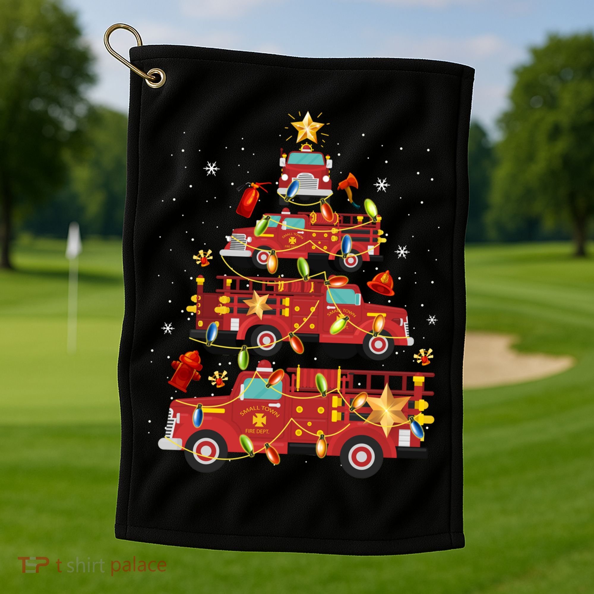 Fire Truck Christmas Tree Firefighter Xmas Fire Pajamas Gift Golf Towel
