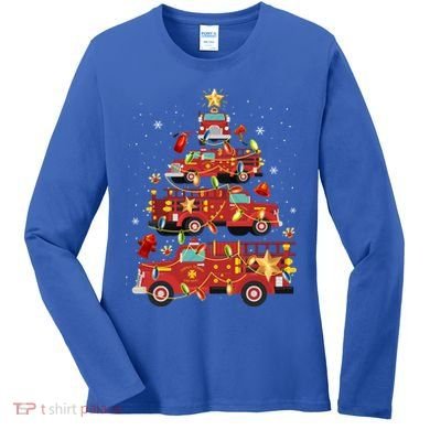 Fire Truck Christmas Tree Firefighter Xmas Fire Pajamas Gift Women's Long Sleeve Shirt