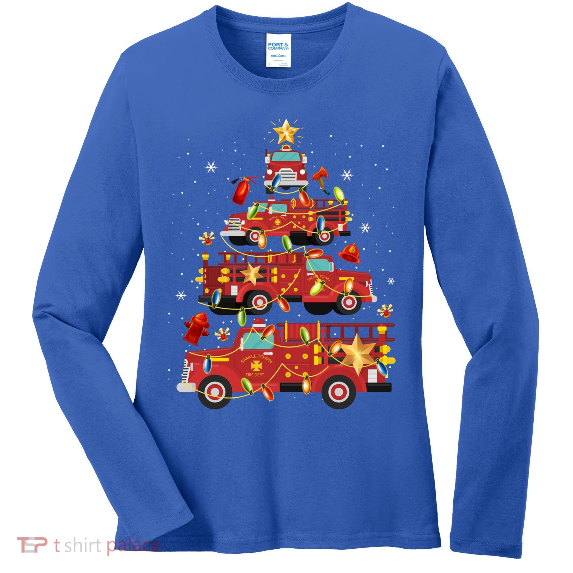 Fire Truck Christmas Tree Firefighter Xmas Fire Pajamas Gift Women's Long Sleeve Shirt