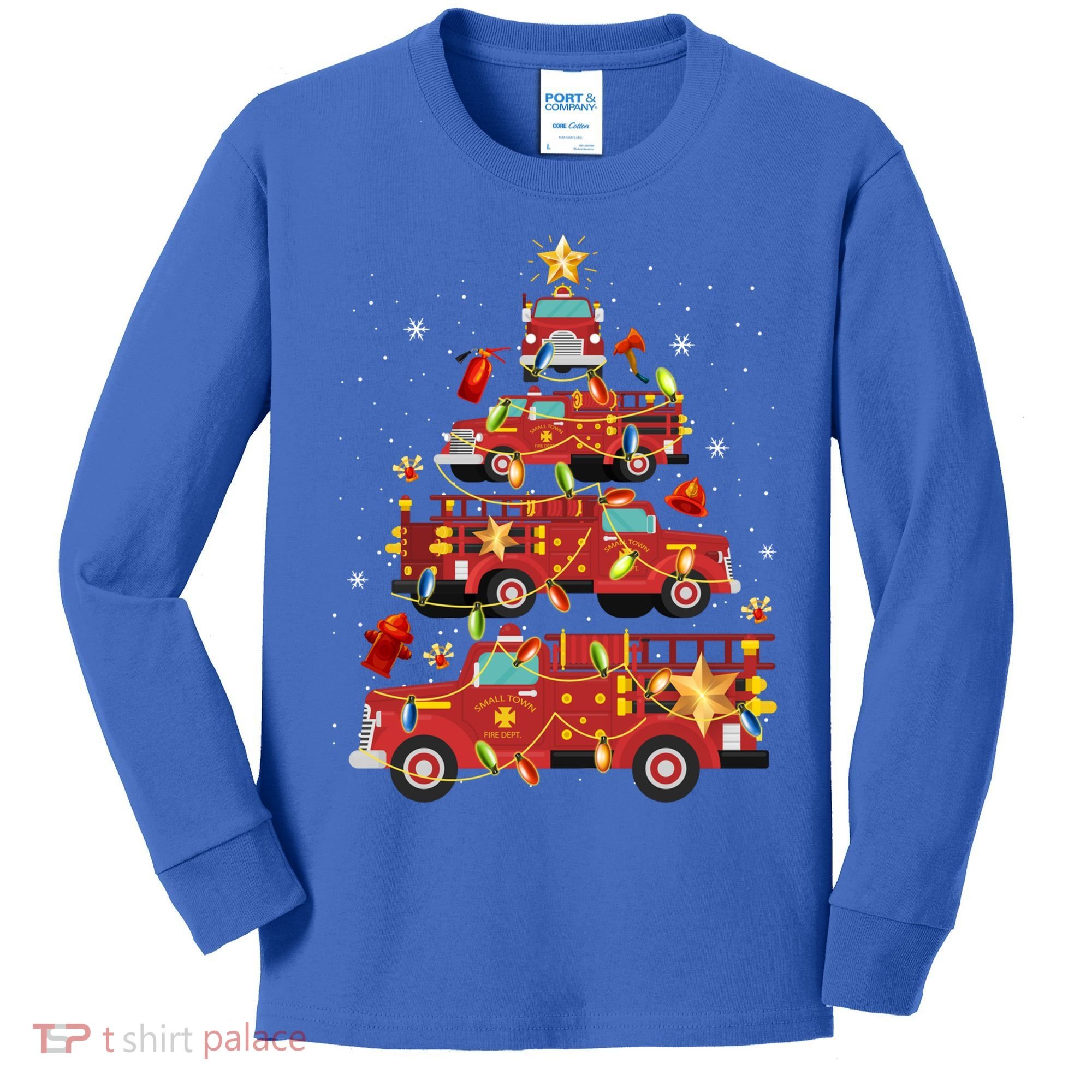 Fire Truck Christmas Tree Firefighter Xmas Fire Pajamas Gift Kids Long Sleeve Shirt