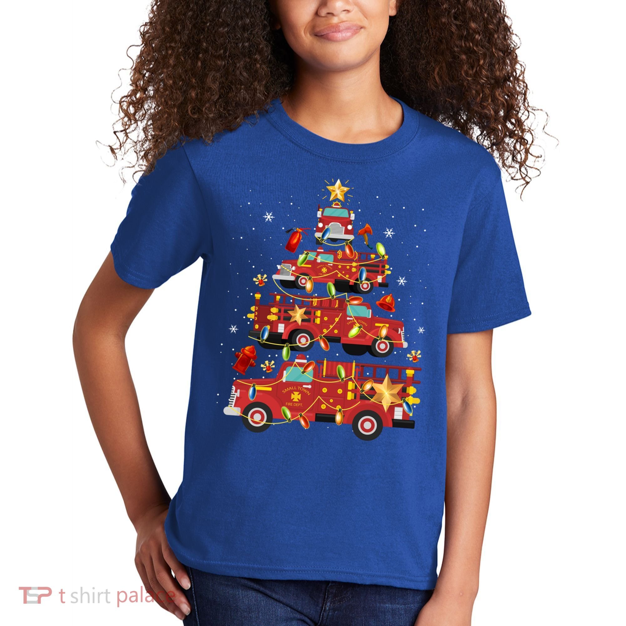 Fire Truck Christmas Tree Firefighter Xmas Fire Pajamas Gift Kids T-Shirt