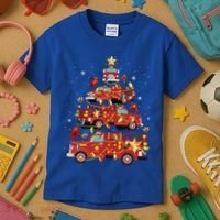 Fire Truck Christmas Tree Firefighter Xmas Fire Pajamas Gift Kids T-Shirt thumb 3