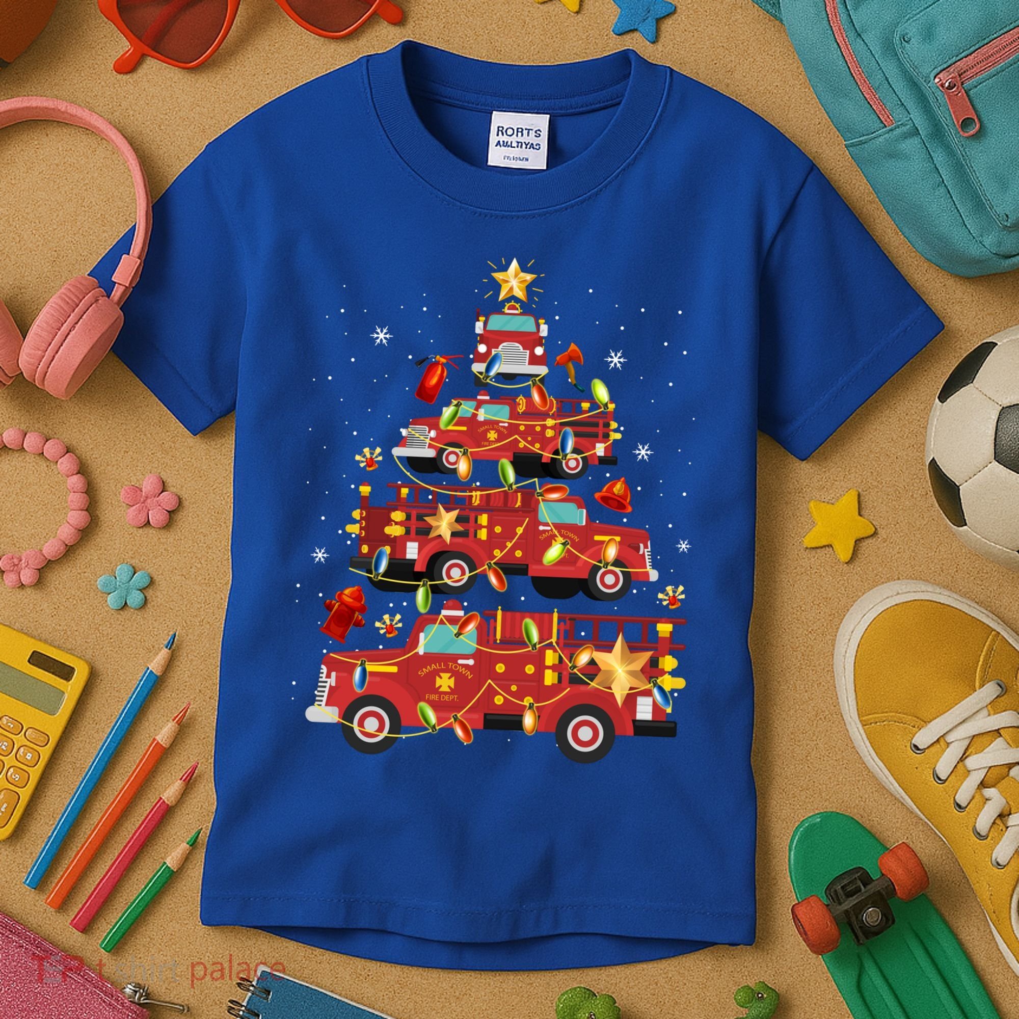 Fire Truck Christmas Tree Firefighter Xmas Fire Pajamas Gift Kids T-Shirt