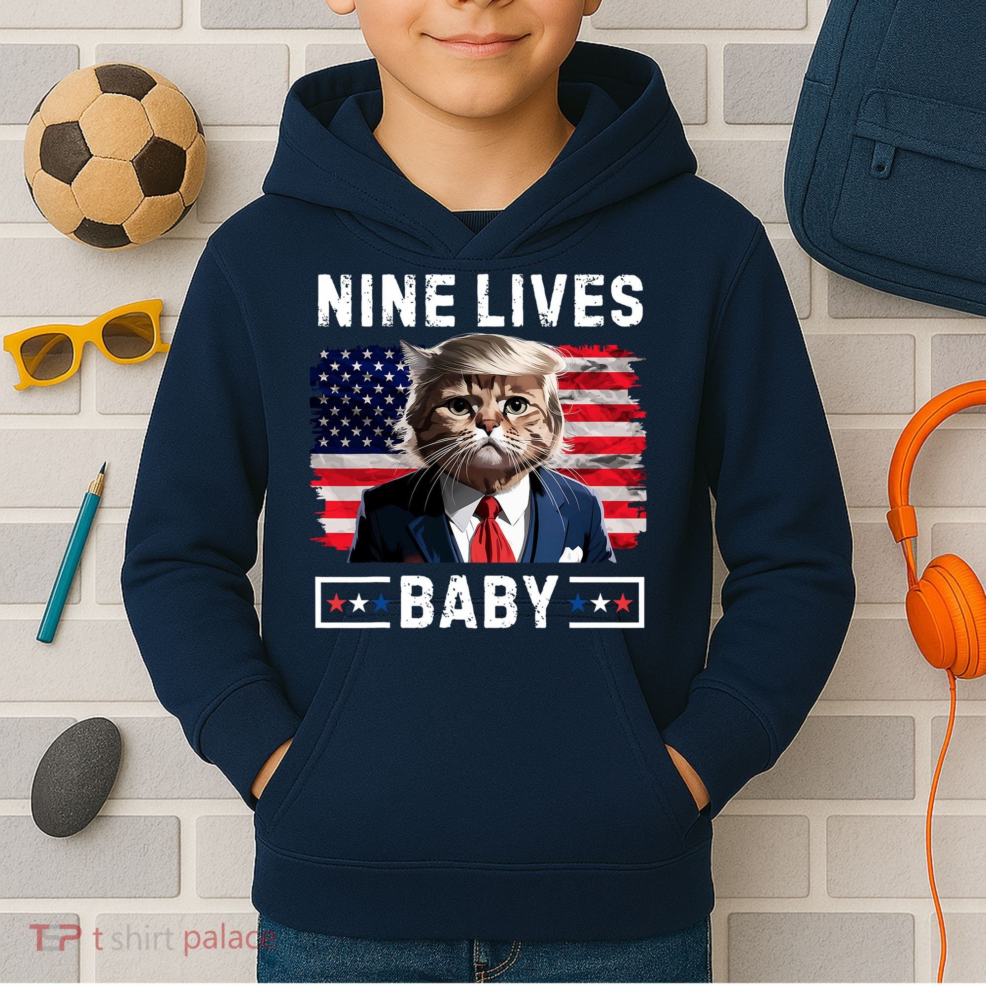 Funny Trump Cat 9 Lives Baby Nine Lives Cat Kids Hoodie