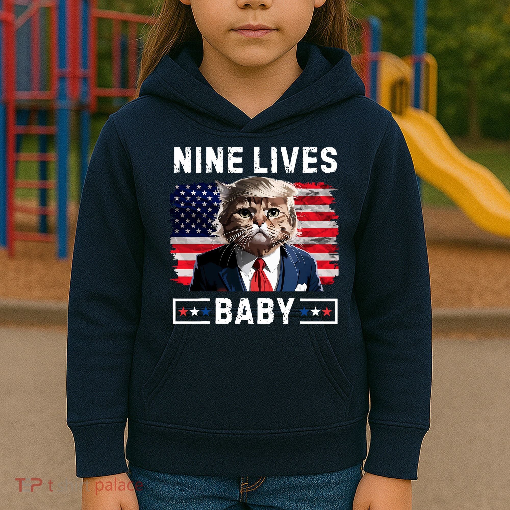 Funny Trump Cat 9 Lives Baby Nine Lives Cat Kids Hoodie