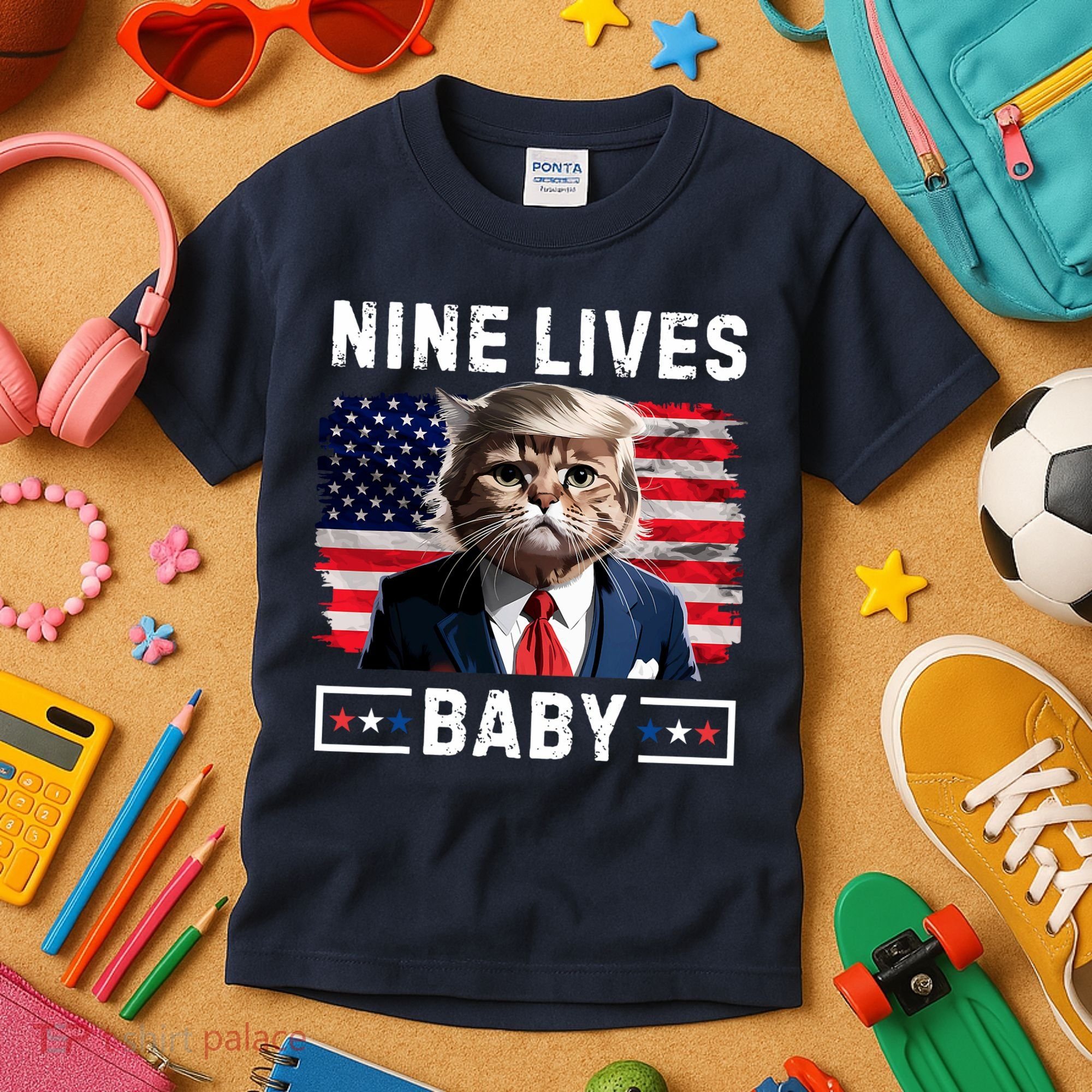 Funny Trump Cat 9 Lives Baby Nine Lives Cat Kids T-Shirt