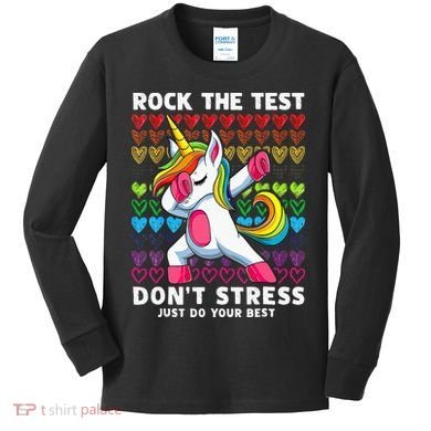 Funny Test Day Rock The Test Dabbing Unicorn Kids Long Sleeve Shirt