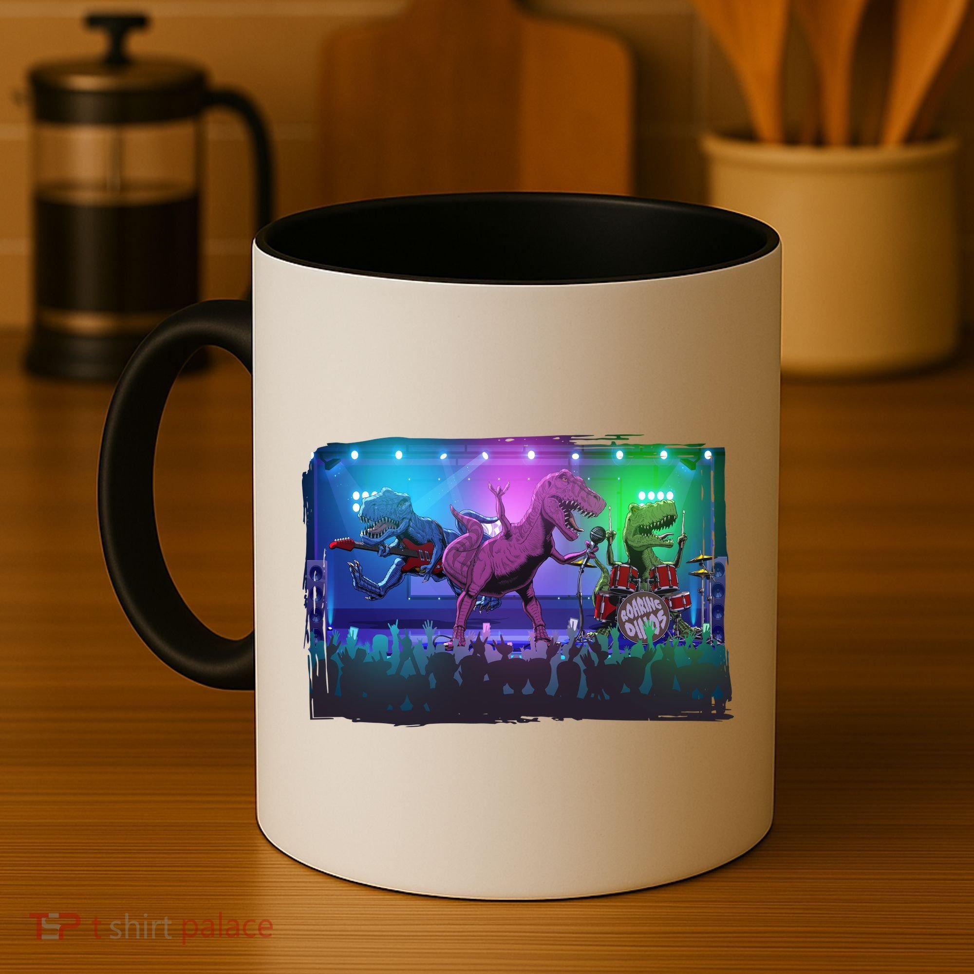 Funny Trex Dinosaurs Rock Band Concert Coffee Mug