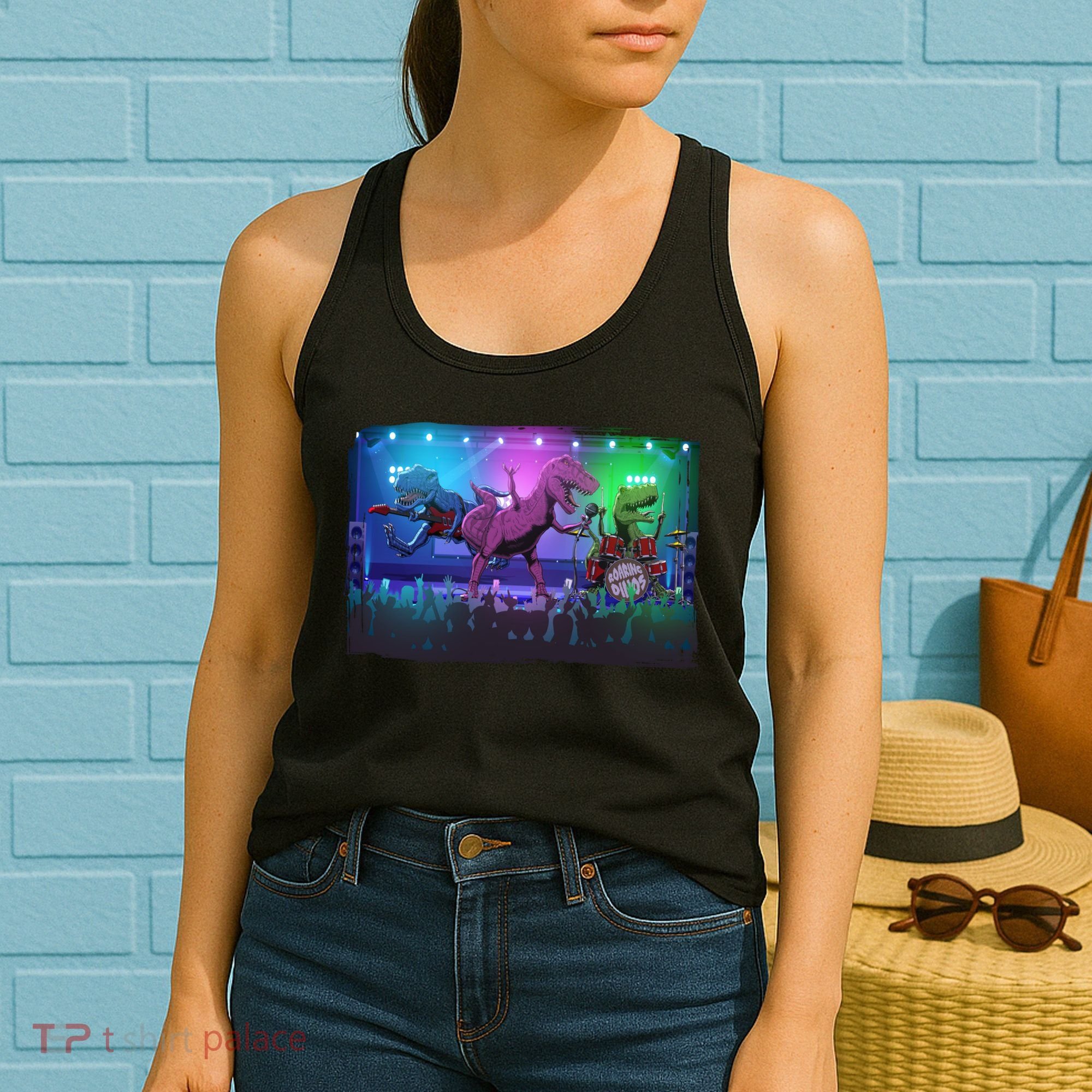 Funny Trex Dinosaurs Rock Band Concert Women's Tank Top
