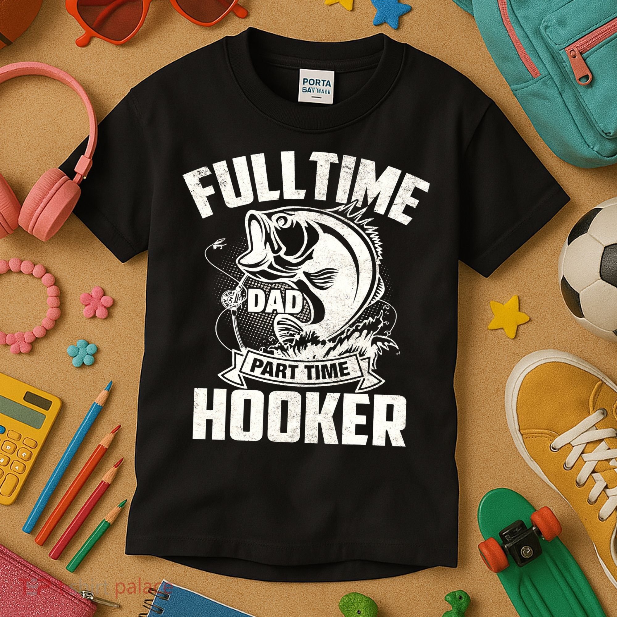 Full Time Dad Part Time Hooker Funny Father's Day Fishing Kids T-Shirt