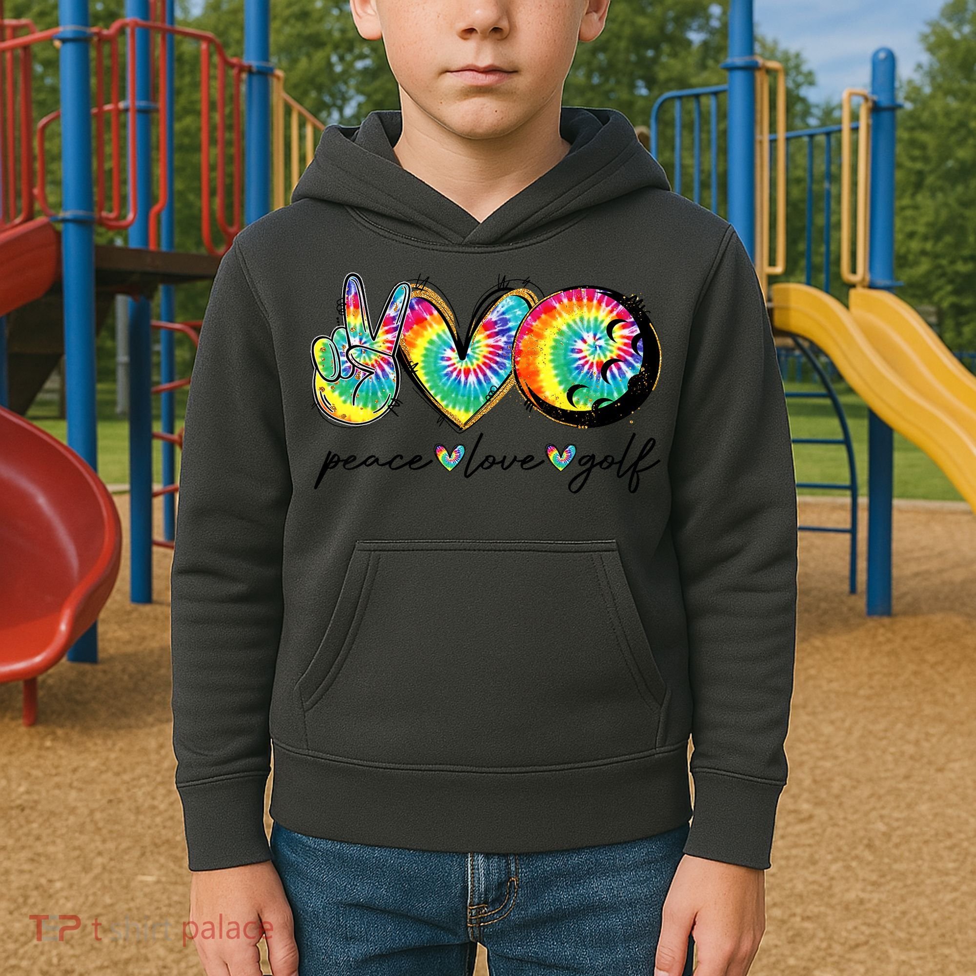 Funny Tie Dye Golf Lovers Peace Love Golf Gift Kids Hoodie