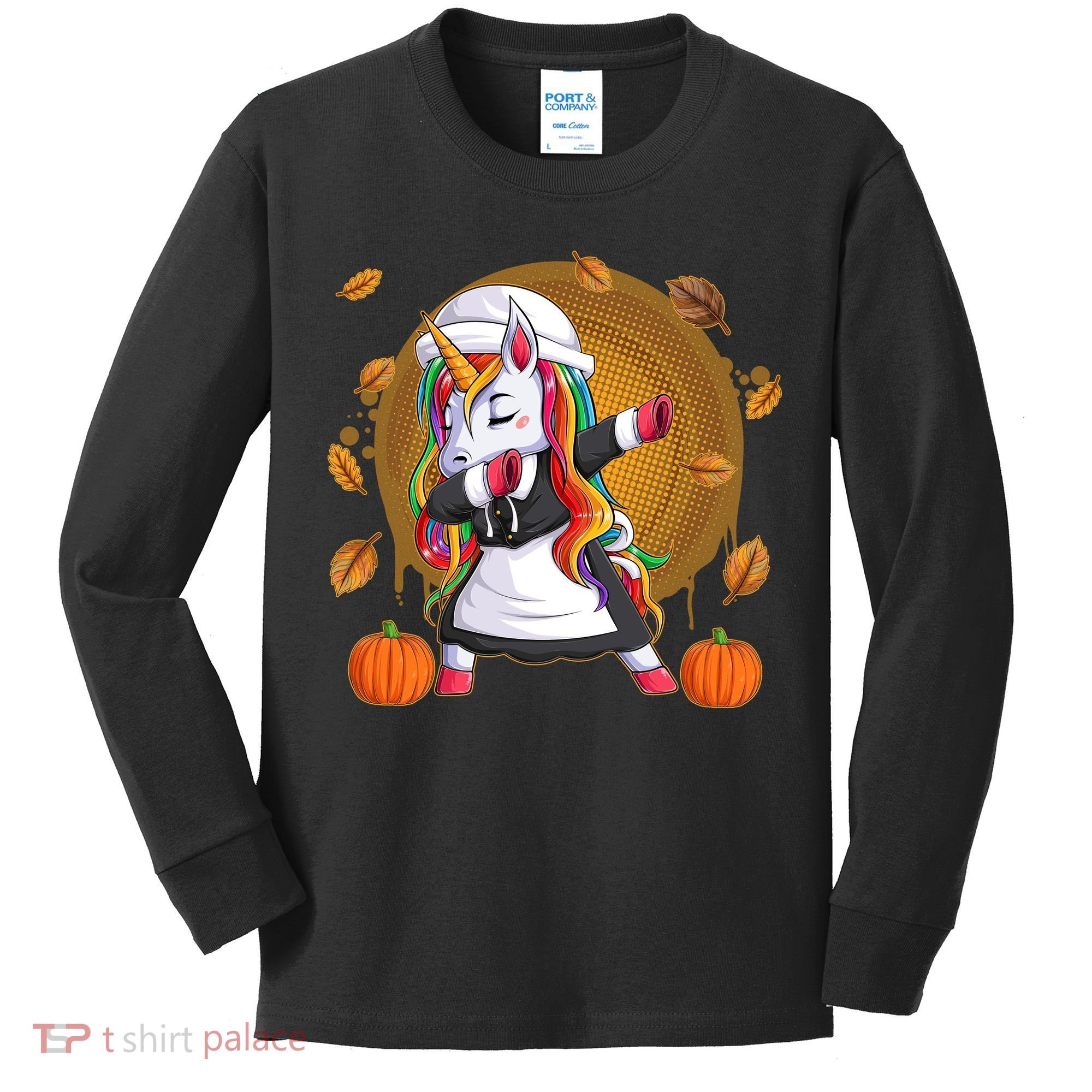 Funny Thanksgiving Dabbing Unicorn Pilgrim Kids Long Sleeve Shirt