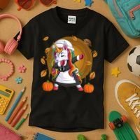 Funny Thanksgiving Dabbing Unicorn Pilgrim Kids T-Shirt thumb 3