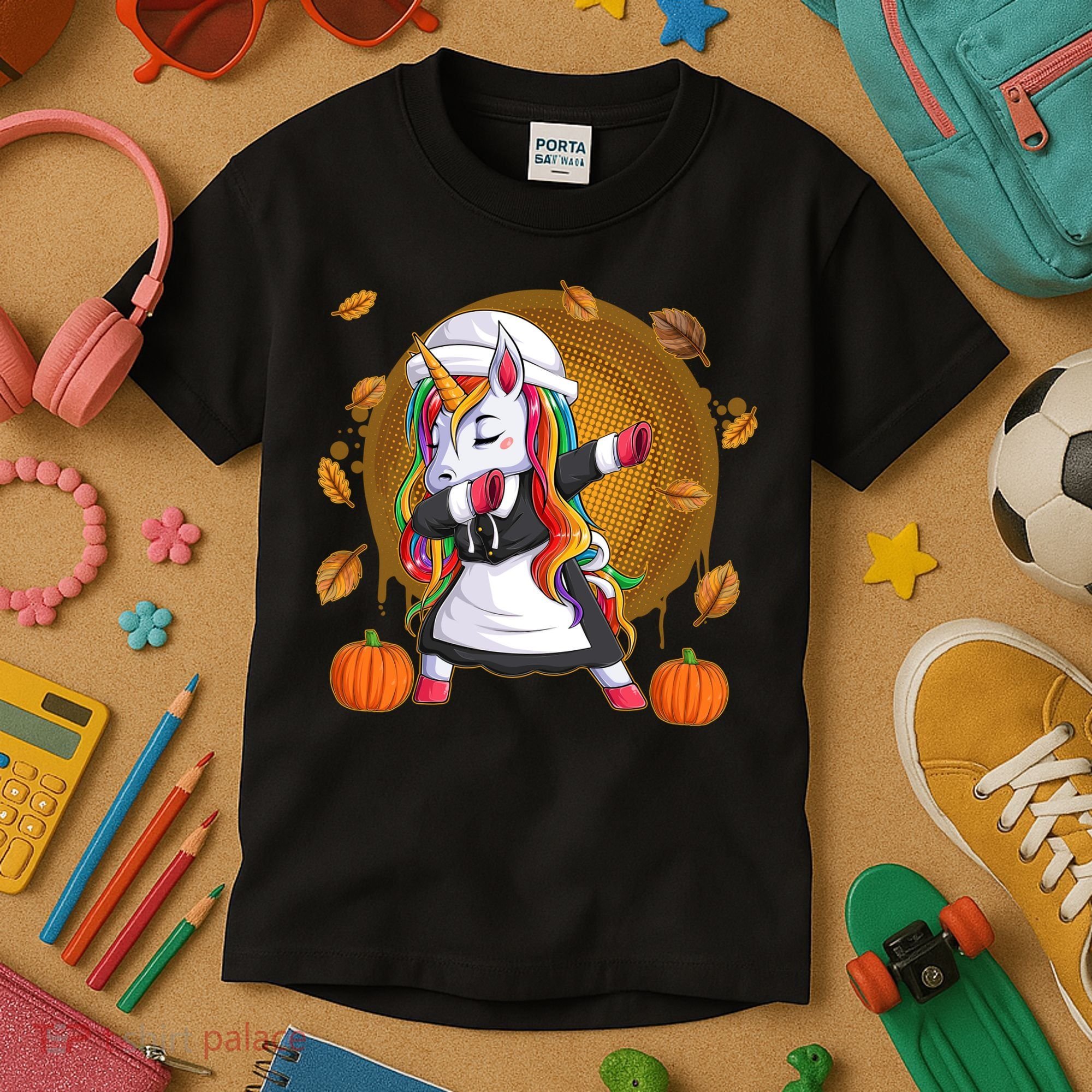 Funny Thanksgiving Dabbing Unicorn Pilgrim Kids T-Shirt