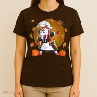 Funny Thanksgiving Dabbing Unicorn Pilgrim T-Shirt thumb 4