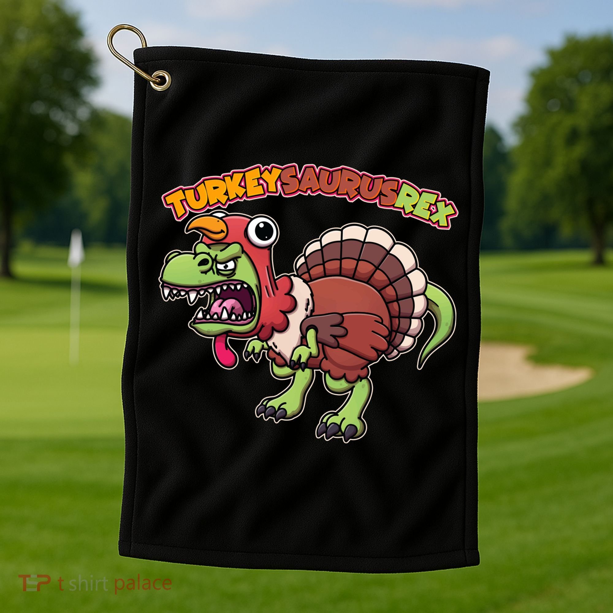 Funny Turkeysaurusrex Dinosaur In Turkey Costume Golf Towel