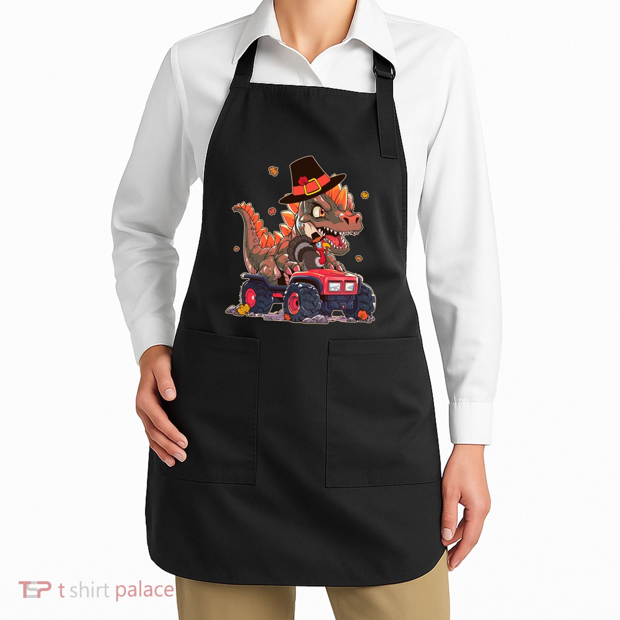 Funny Thanksgiving Dinosaur And Turkey Riding Monster Truck Apron