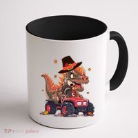 Funny Thanksgiving Dinosaur And Turkey Riding Monster Truck Coffee Mug thumb 1