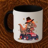 Funny Thanksgiving Dinosaur And Turkey Riding Monster Truck Coffee Mug thumb 2