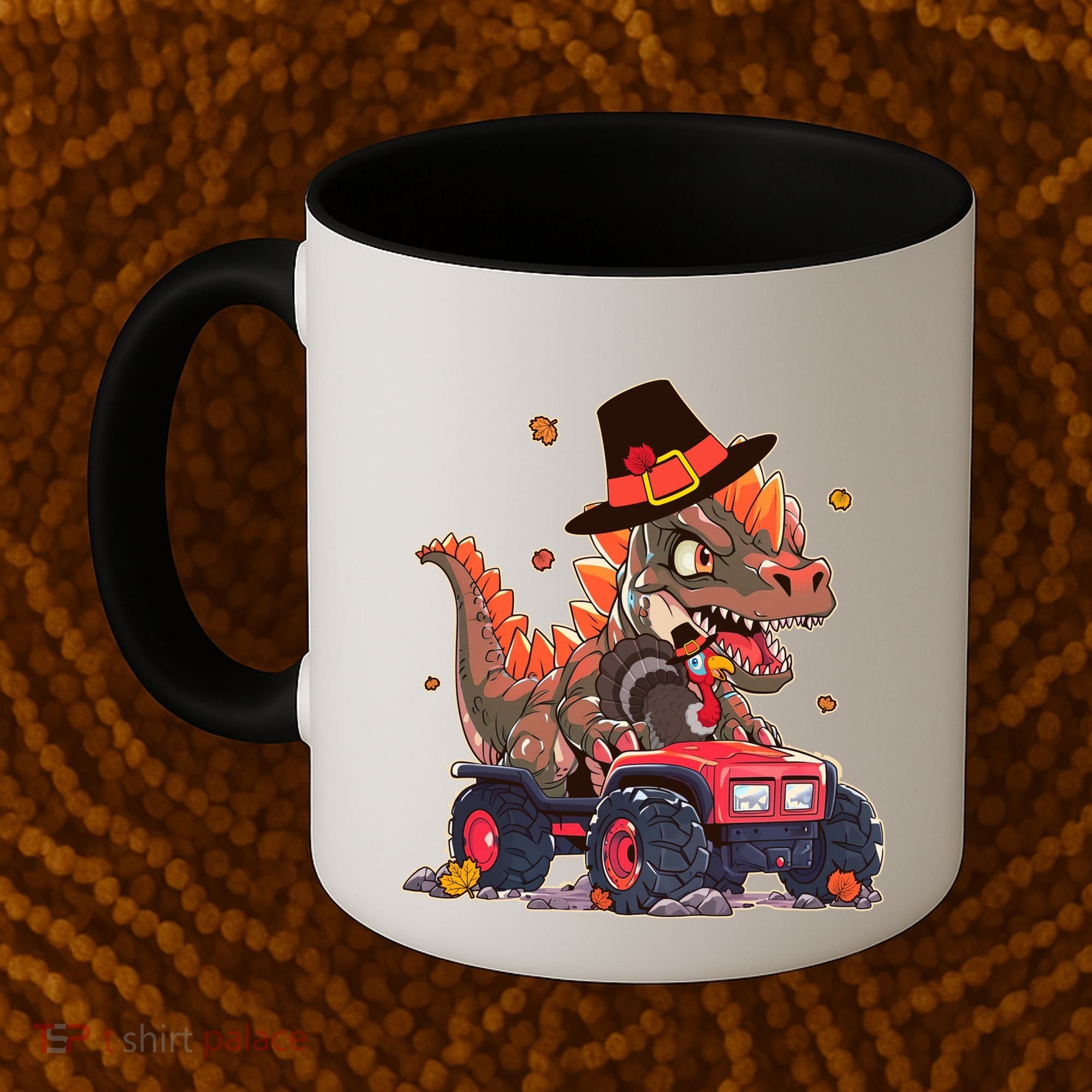 Funny Thanksgiving Dinosaur And Turkey Riding Monster Truck Coffee Mug