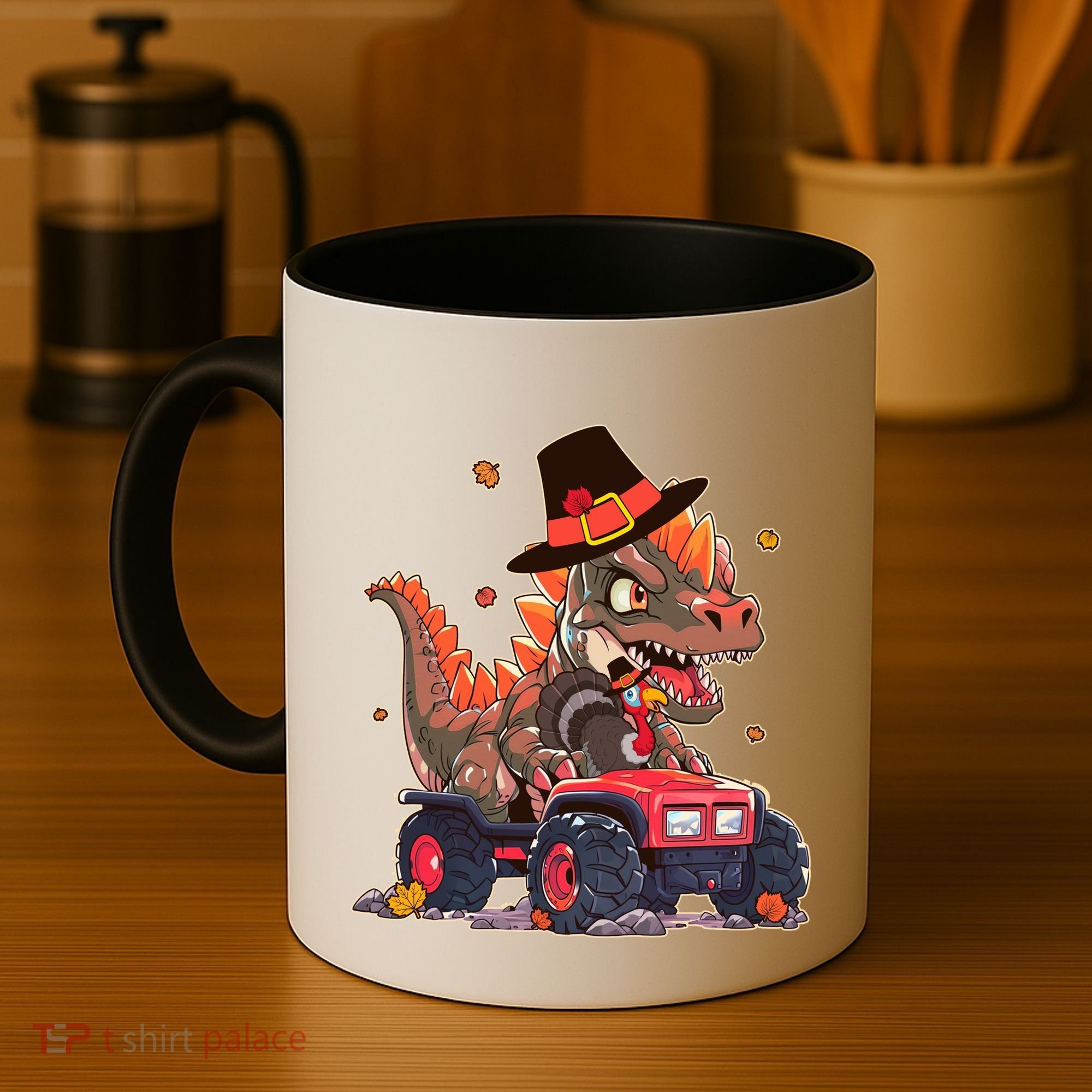 Funny Thanksgiving Dinosaur And Turkey Riding Monster Truck Coffee Mug
