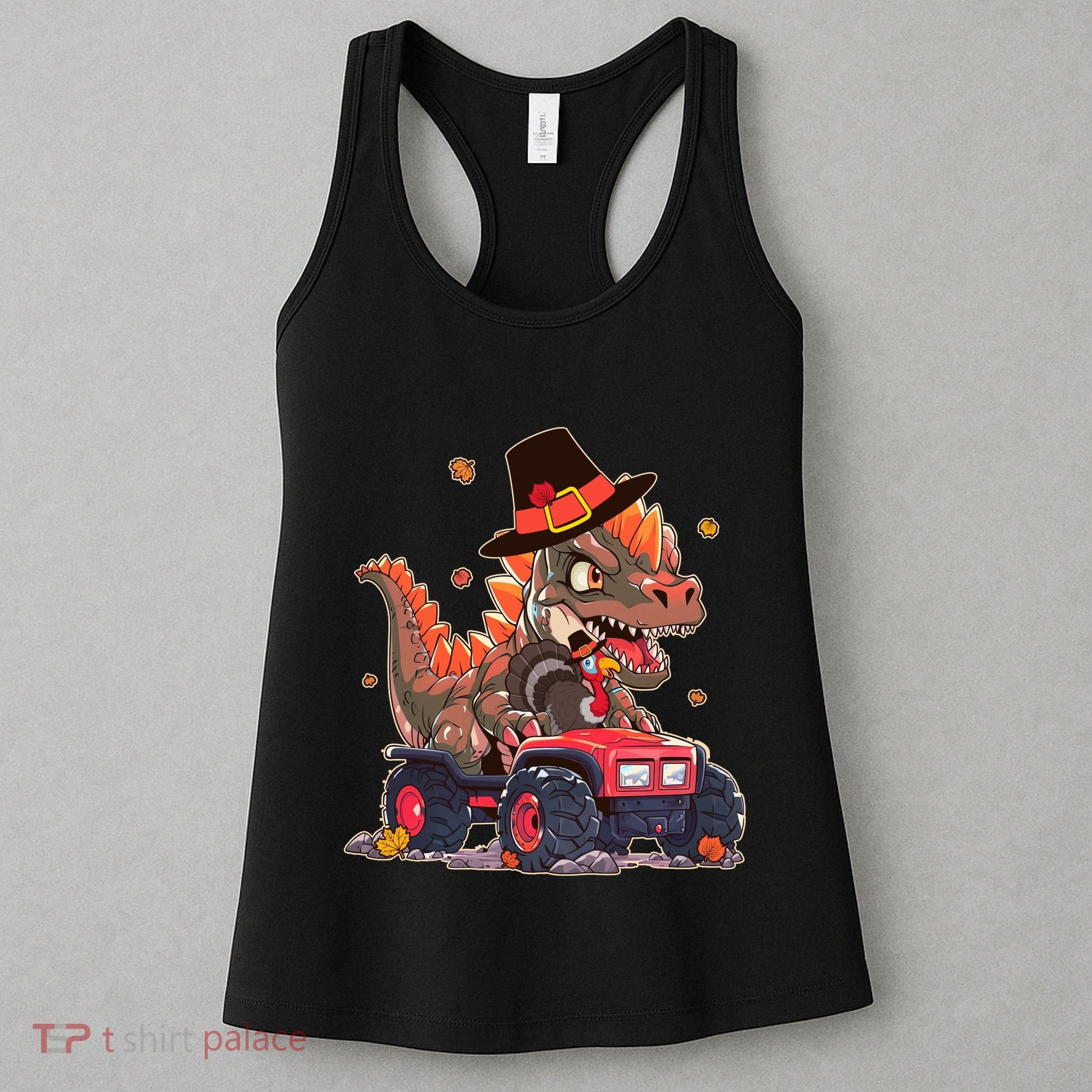 Funny Thanksgiving Dinosaur And Turkey Riding Monster Truck Women's Tank Top