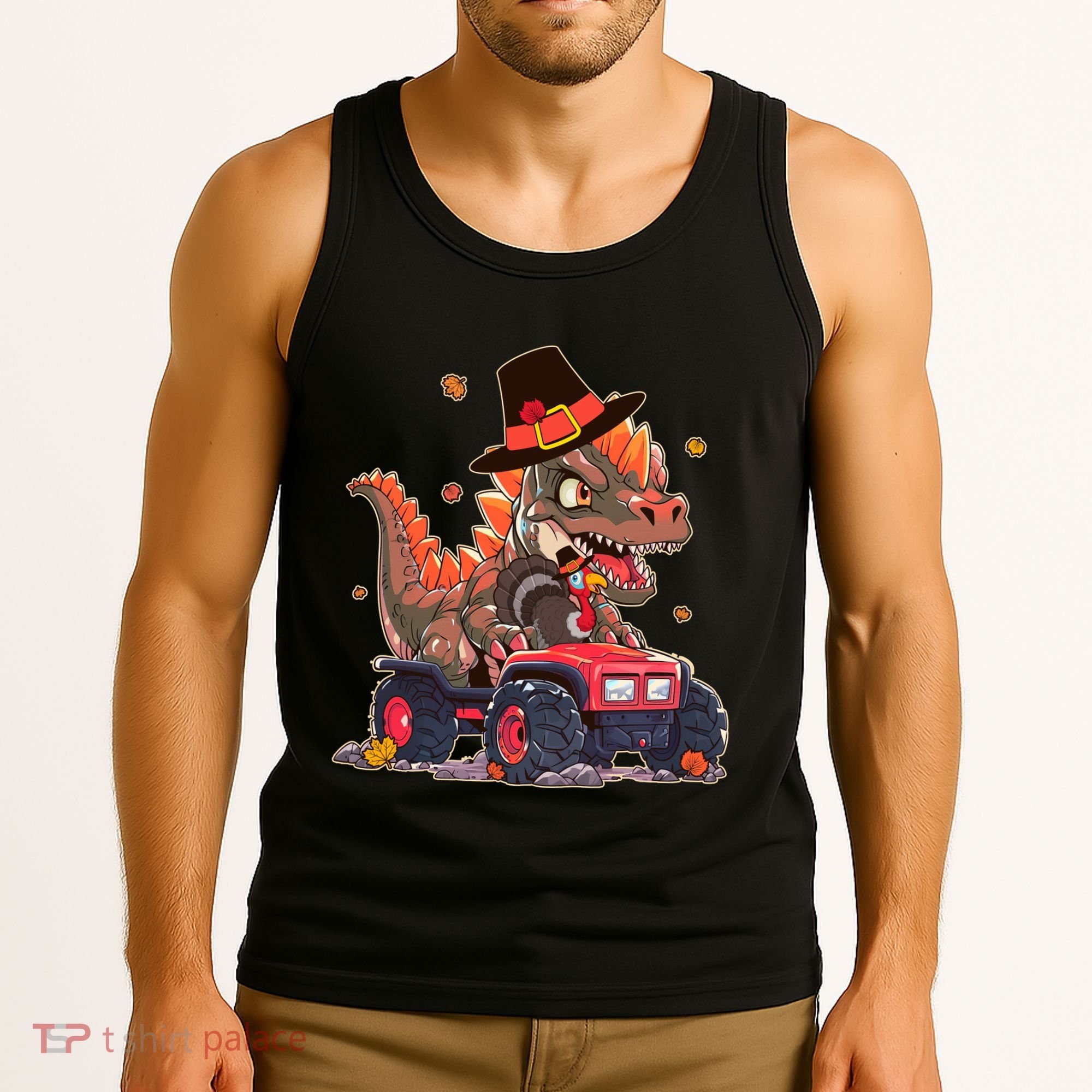 Funny Thanksgiving Dinosaur And Turkey Riding Monster Truck Tank Top