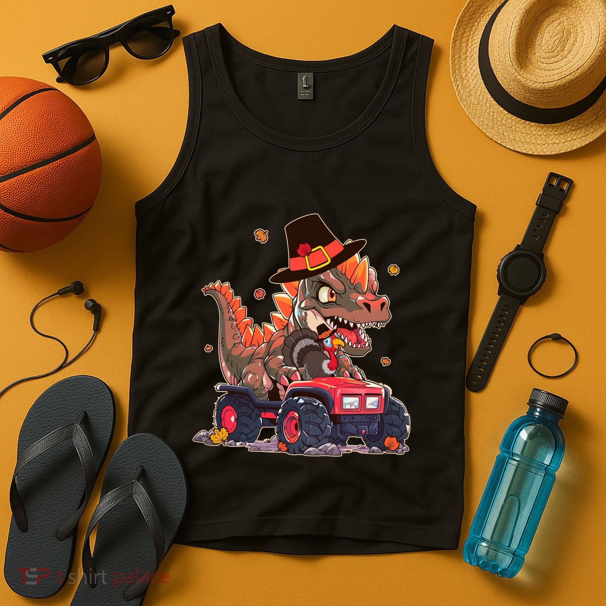 Funny Thanksgiving Dinosaur And Turkey Riding Monster Truck Tank Top