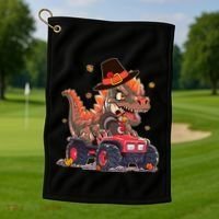 Funny Thanksgiving Dinosaur And Turkey Riding Monster Truck Golf Towel thumb 1