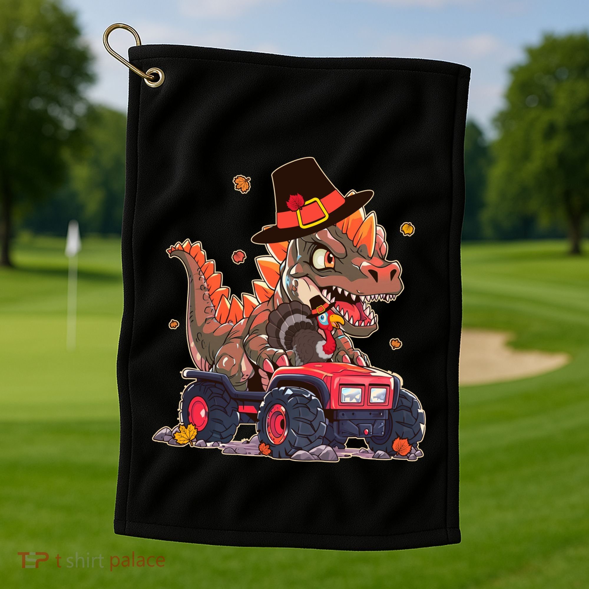 Funny Thanksgiving Dinosaur And Turkey Riding Monster Truck Golf Towel