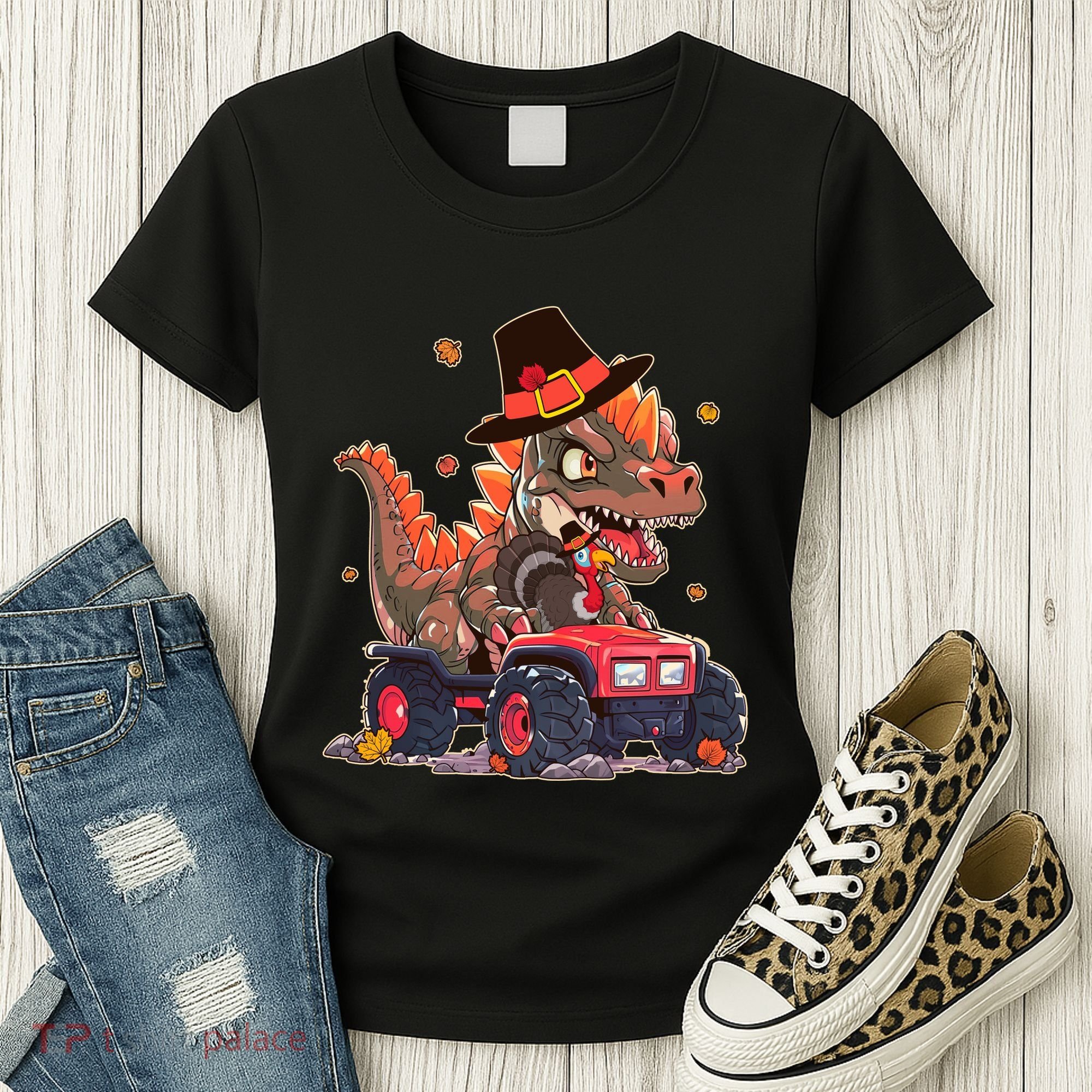 Funny Thanksgiving Dinosaur And Turkey Riding Monster Truck Women's T-Shirt