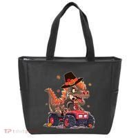 Funny Thanksgiving Dinosaur And Turkey Riding Monster Truck Tote Bag thumb 0