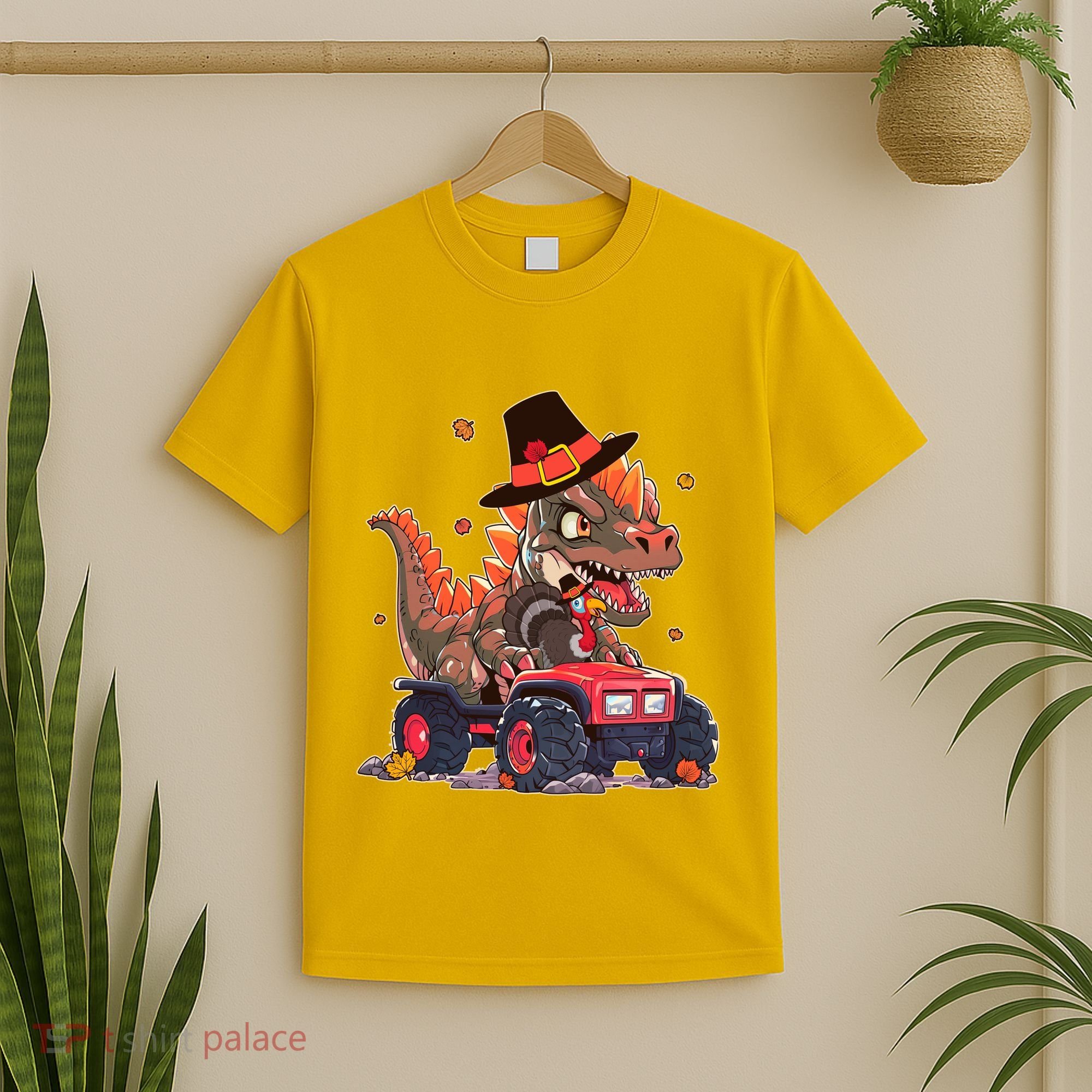 Funny Thanksgiving Dinosaur And Turkey Riding Monster Truck T-Shirt