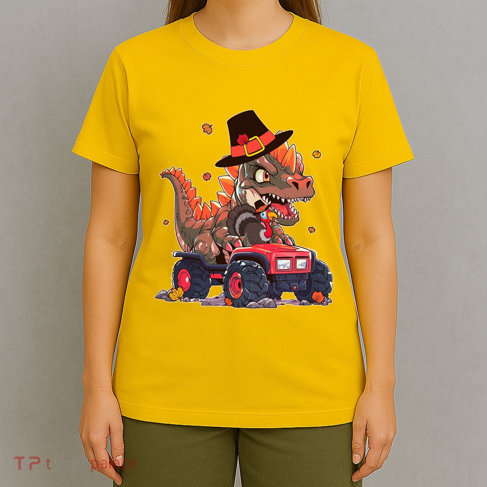 Funny Thanksgiving Dinosaur And Turkey Riding Monster Truck T-Shirt