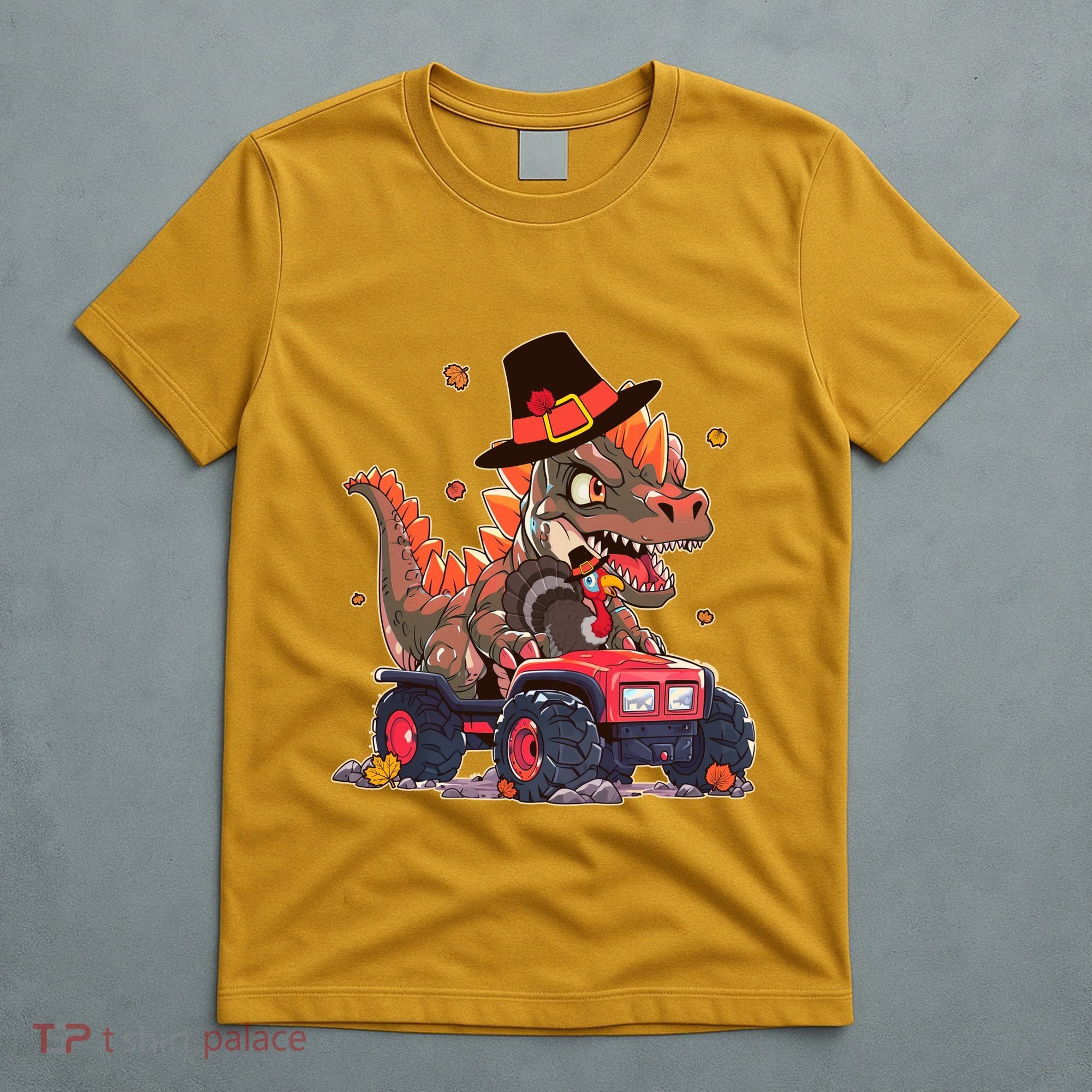 Funny Thanksgiving Dinosaur And Turkey Riding Monster Truck T-Shirt
