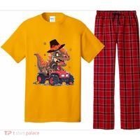 Funny Thanksgiving Dinosaur And Turkey Riding Monster Truck Pajama Set thumb 0