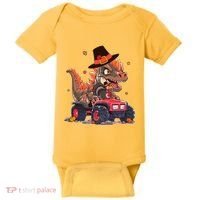 Funny Thanksgiving Dinosaur And Turkey Riding Monster Truck Baby Bodysuit thumb 0