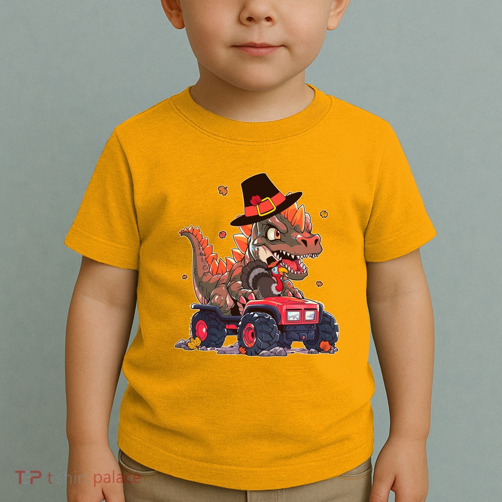 Funny Thanksgiving Dinosaur And Turkey Riding Monster Truck Toddler T-Shirt