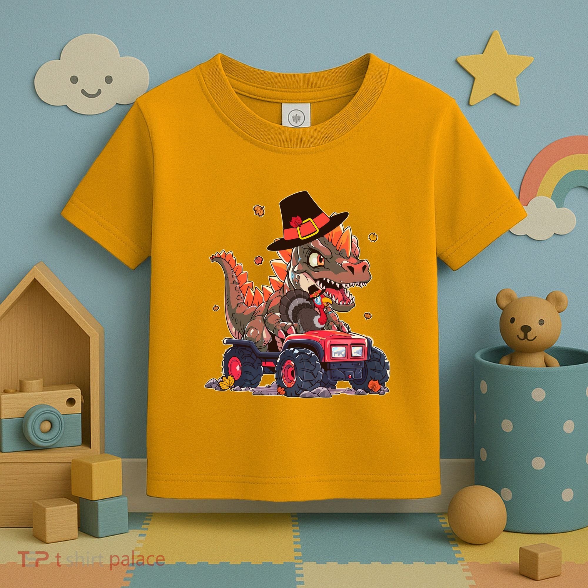 Funny Thanksgiving Dinosaur And Turkey Riding Monster Truck Toddler T-Shirt