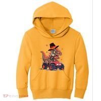 Funny Thanksgiving Dinosaur And Turkey Riding Monster Truck Kids Hoodie thumb 0