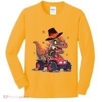 Funny Thanksgiving Dinosaur And Turkey Riding Monster Truck Kids Long Sleeve Shirt thumb 0