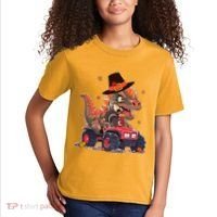 Funny Thanksgiving Dinosaur And Turkey Riding Monster Truck Kids T-Shirt thumb 2