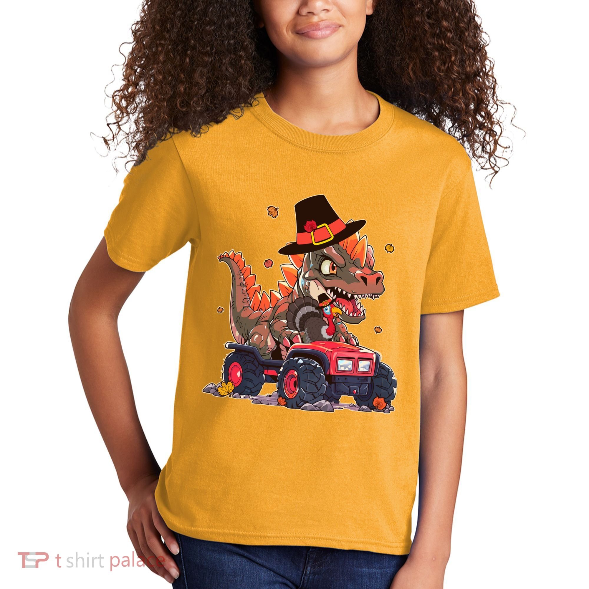 Funny Thanksgiving Dinosaur And Turkey Riding Monster Truck Kids T-Shirt