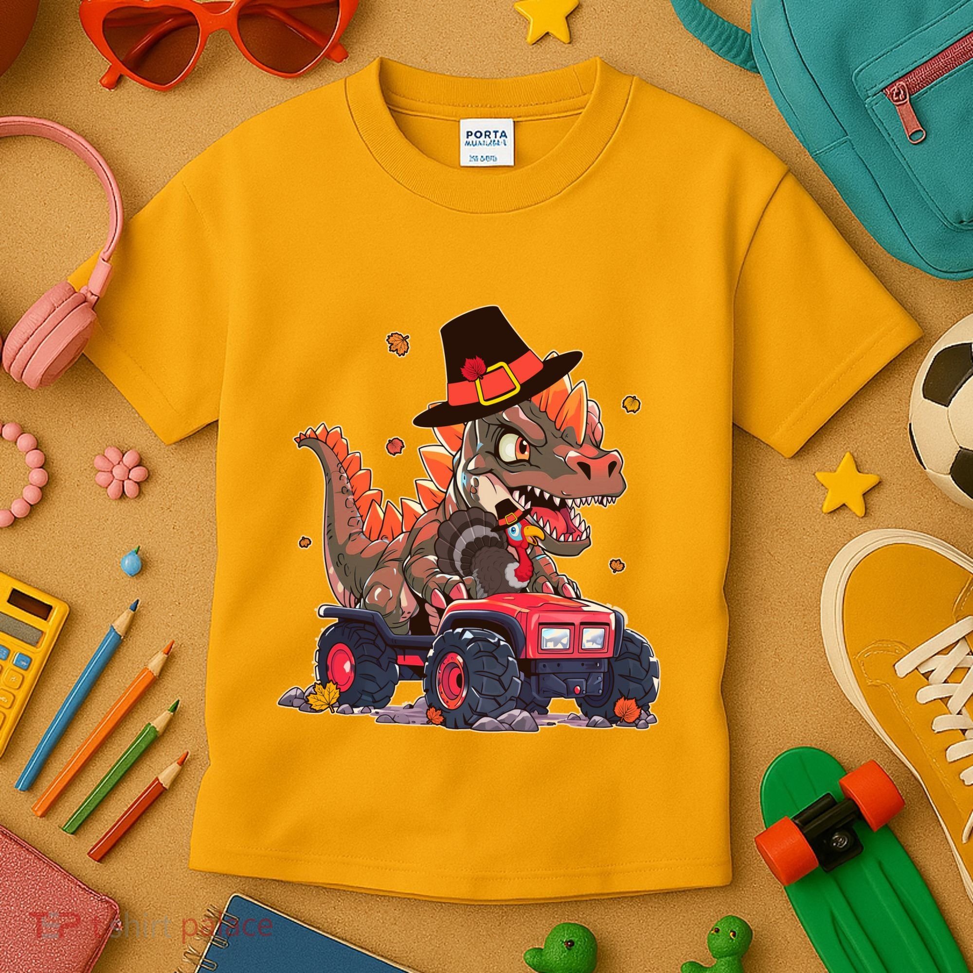 Funny Thanksgiving Dinosaur And Turkey Riding Monster Truck Kids T-Shirt