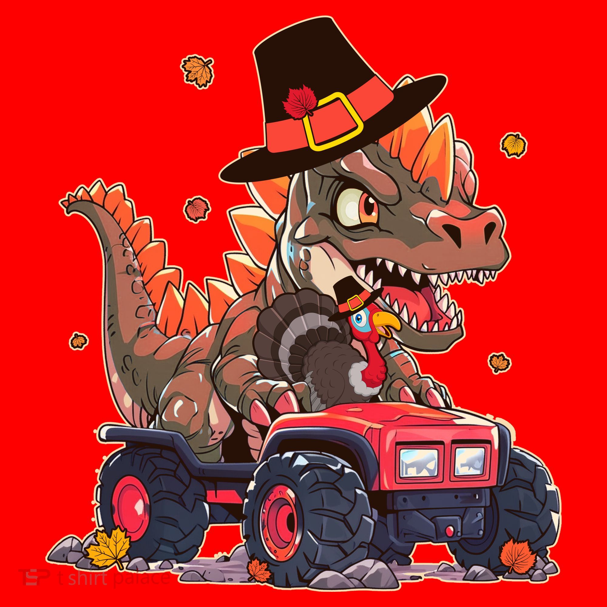 Funny Thanksgiving Dinosaur And Turkey Riding Monster Truck Santa Hat