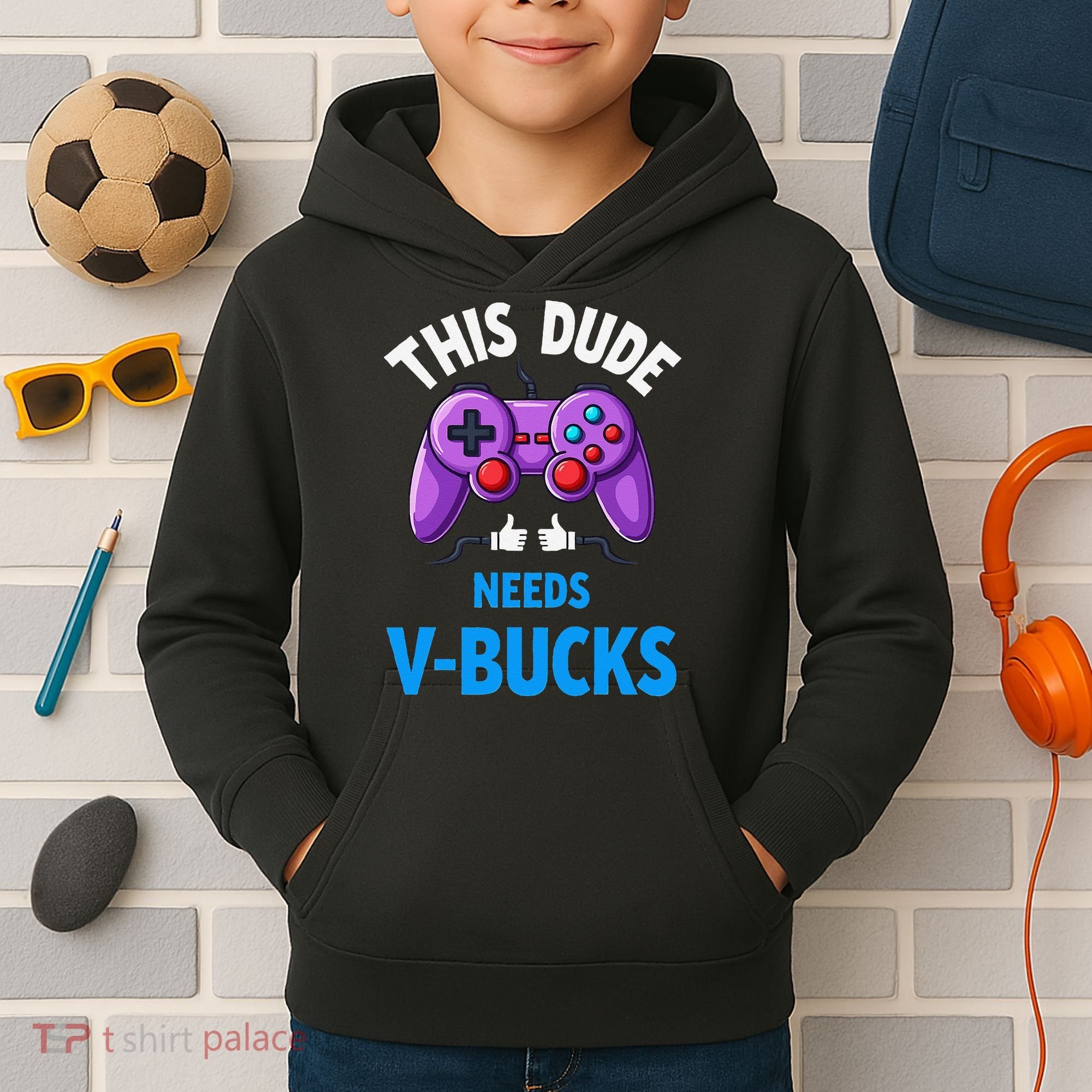 Funny This Dude Needs Vbucks Will Work For Bucks Gamer Kids Hoodie