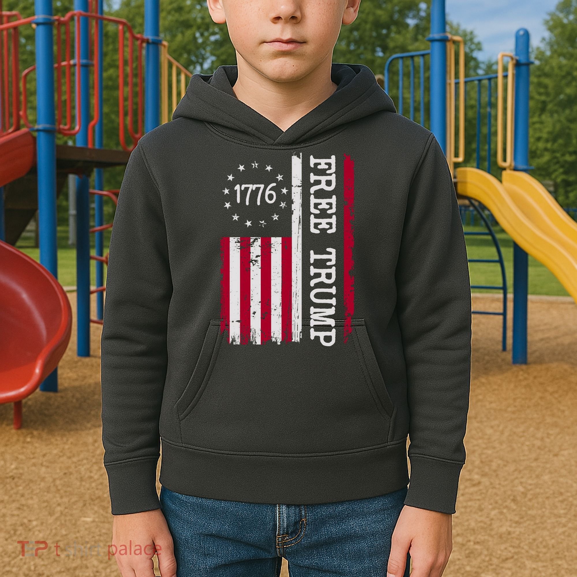Free Trump Destressed 1776 Betsy Ross USA Flag Kids Hoodie