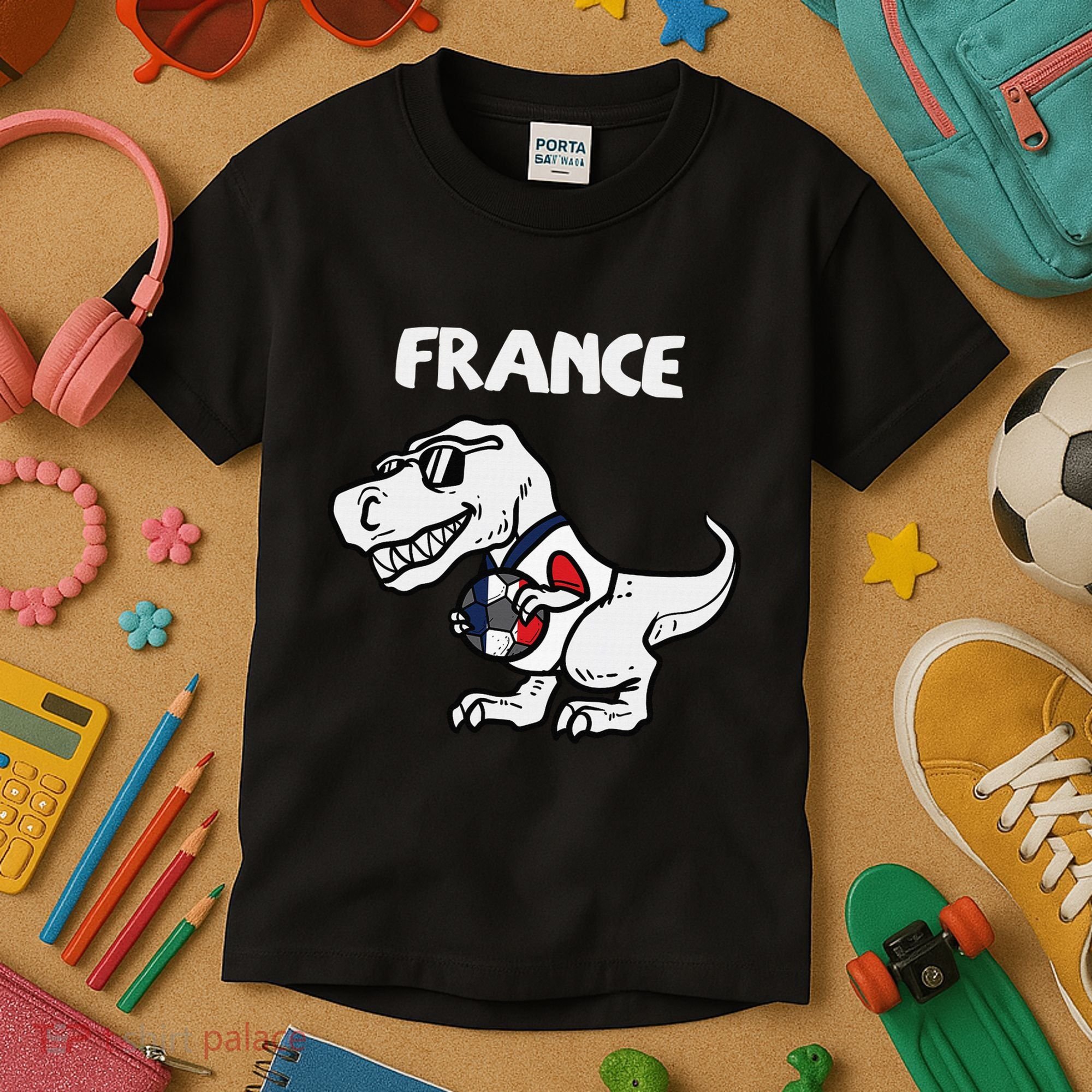France Trex Dino French Flag Soccer Fan Kids T-Shirt