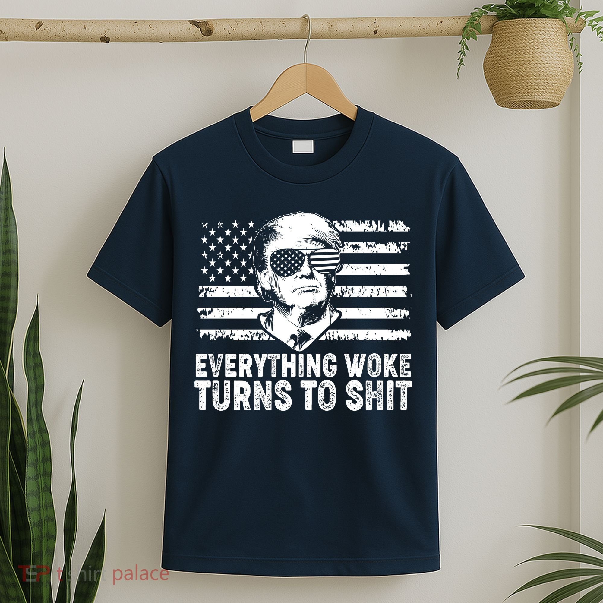 Funny Trump Everything Woke Turns To Shit Distressed USA American Flag T-Shirt